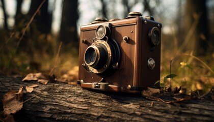 Photo of a camera on a log in a peaceful forest setting