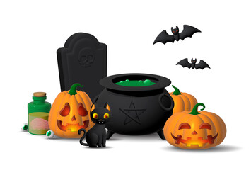 Holiday Halloween set of themed decorative elements for design. 3d objects in cartoon style. Pumpkin with pot with cat with bat and gravestone.