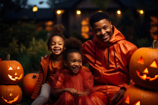A Happy African-American family is sitting in the yard during Halloween
