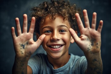 Close-up portrait photography of a joyful kid male joining palms in a gesture of gratitude against...