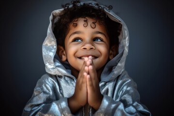 Close-up portrait photography of a joyful kid male joining palms in a gesture of gratitude against...