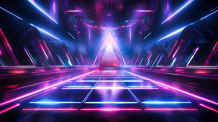 A futuristic holographic stage, with pulsating neon trims against a digital grid backdrop