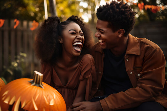 A smiling African American couple is sitting in their yard during Halloween