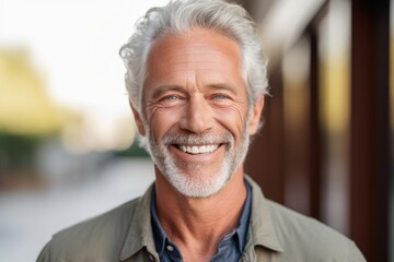 Close-up portrait photography of a happy mature man smiling against a beige background. With generative AI technology
