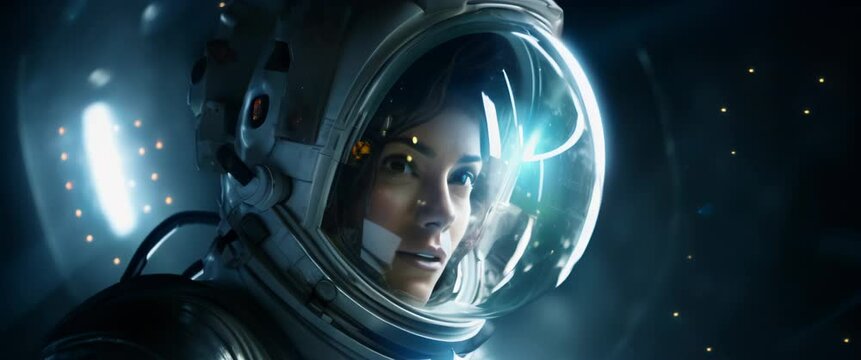 Portrait of a female astronaut flying in space suit outer space. Anamorphic footage