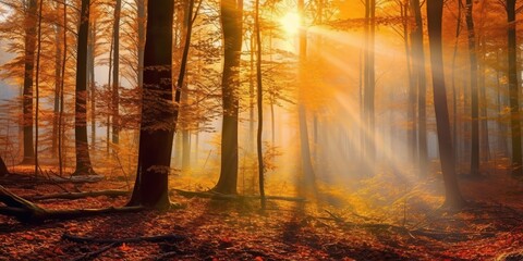 Tourists trekking amazing autumn forest in the morning sunlight. Red and yellow leaves on trees in the forest golden forest landscape