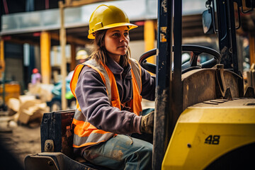 Empowered female construction worker skillfully operates heavy machinery on bustling construction site. Generated AI