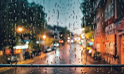 Rainy Evening City View Through Window - Raindrops on Glass