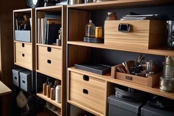 Office Shelving - Close-Up of Wooden Shelving Unit with Books and Supplies