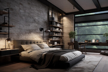 Modern bedroom with large panoramic windows