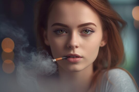Close-up portrait photography of a beautiful girl in her 20s smoking an electronic cigarette against a beige background. With generative AI technology