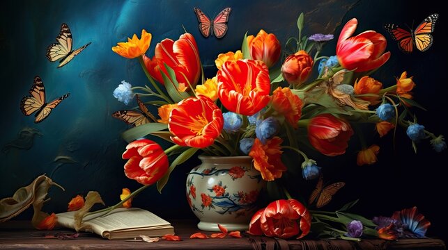 Bouquet of Red Tulips and Open Book - Still Life on Dark Blue Background