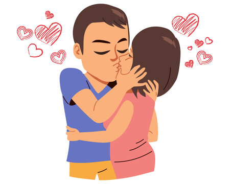 Vector illustration of passionate heterosexual couple kissing. People in romantic intimate relationships. Sweet valentine lovers