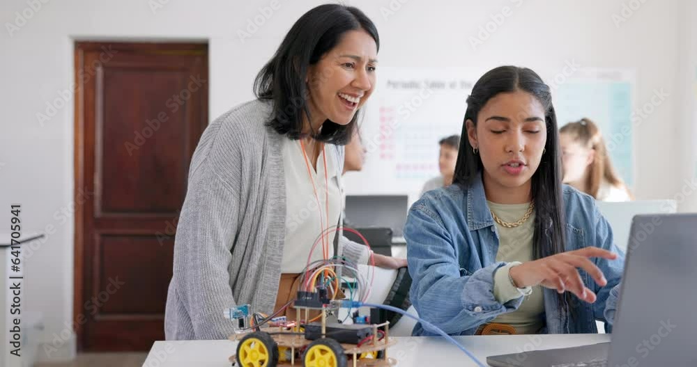 Aufkleber technology, car robotics and student on laptop, teacher and help with project in classroom, educatio
