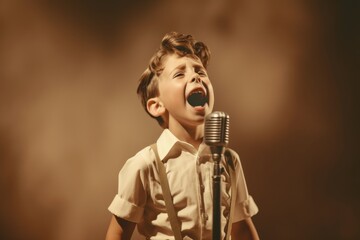Medium shot portrait photography of a tender boy in his 30s dancing and singing song in microphone against a warm taupe background. With generative AI technology