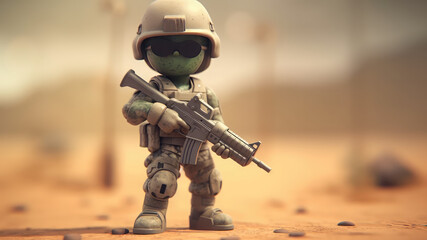 3d cute soldier mascot character wears helmet holds assault rifle in one hand on blurred war zone background.  - obrazy, fototapety, plakaty