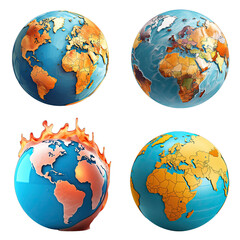 World Map Set 3D Vector Icons Isolated On Transparent Background