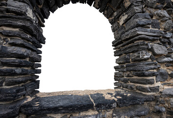Closeup of a defocussed window with stone wall and arch, isolated on white or transparent background for inserting your own landscape or panorama. Porto Venere, La Spezia, Liguria, Italy, Europe. Png.