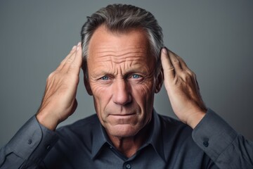 Close-up portrait photography of a glad mature man holding the hand on the forehead in a headache gesture against a cool gray background. With generative AI technology