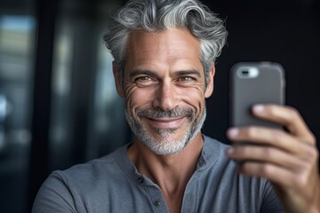 Headshot portrait photography of a grinning mature man taking a selfie with his mobile against a cool gray background. With generative AI technology