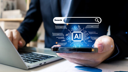 Artificial Intelligence, AI with search engine, SEO, Businessman using laptop and smartphone to command prompt for generates idea or solve problems, digital transformation, Connection to AI.