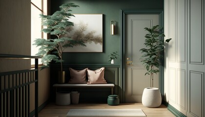 Japandi interior style green colored bright hallway with natural wood furnitures and bonsai tree