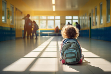 A back view of a child carrying a backpack alone and waiting for parents to pick them up at a kindergarten. Trust concept suitable for family and education.