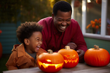 A smiling Afrikan Amerikan father and son sitting in the yard during Halloween.