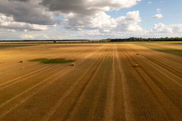 Drone photography of agriculture fields and square hale bales