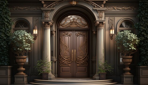 Luxury palace front door with marble pillars and arch