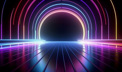 3d rendering, abstract neon background with colorful glowing lines. Empty performance stage lights and reflection, Generative AI