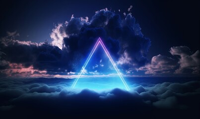 3d rendering, abstract futuristic background, neon triangle and stormy cloud on night sky. Triangular frame with copy space, Generative AI