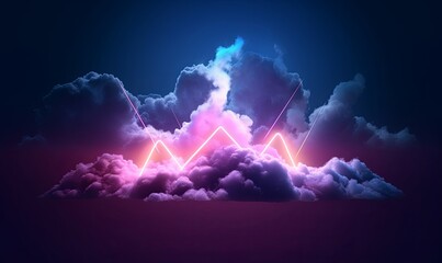 3d render, abstract background with cloud and neon lightning sign in the night sky. Stormy cumulus with glowing geometric shape, Generative AI