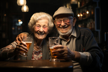 Active social lifestyle of senior people concept. Mature couple having fun drinking beer at cafe bar restaurant. Husband and wife hanging out enjoying happy hour at brewery pub.