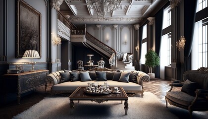 Bright luxurious royal living room with elegant furnitures, giant windows and antique chandelier