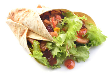 Mexican burrito with chicken and vegetables on a white background