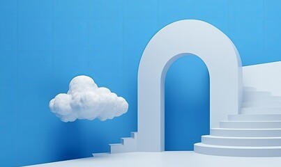 3d rendering, abstract minimalist blue background with stairs and the row of three white clouds flying out the tunnel, Generative AI