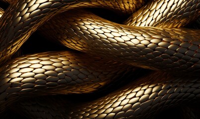 3d render, abstract fantasy background with wavy tangled golden snakes, shiny metallic dragon scales texture, unique wallpaper, Generative AI