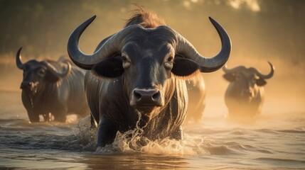 Close up image of a group of african buffalos running through the water in the savanna during a safari - obrazy, fototapety, plakaty