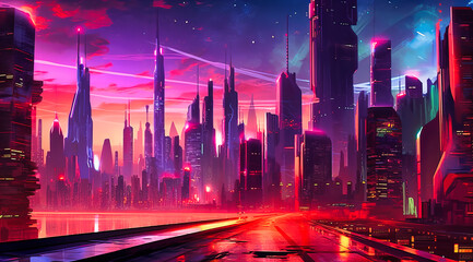 Futuristic cityscape, aglow with neon lights, transforms into a mesmerizing digital panorama, capturing the essence of an avant-garde urban world. - obrazy, fototapety, plakaty