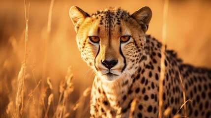 Close up portrait of a lying cheetah in the african savanna during a safari tour with natural sunlight