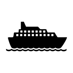 Black silhouette of multi deck cruise ocean liner isolated on white. Sea trip cartoon illustration. Transportation, holidays concept. Simple black and white vector