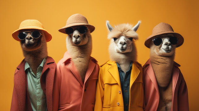 Group of clothing Alpaca. Vintage anthropomorphic animals. Creative Art Animals fashionable outfits isolated on yellow Background