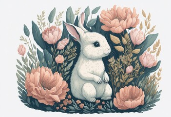 Cute rabbit playing among the flowers in watercolor style.