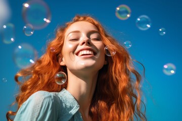 Close-up portrait photography of a happy girl in her 20s blowing bubbles against a cerulean blue background. With generative AI technology