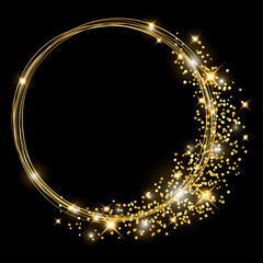 Vector template of shining gold circle  frame round with glitter for Christmas celebration party, New Year card, wedding, bachelorette party, baby shower party, logo. Vector illustration