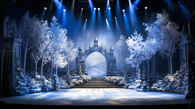A winter-themed stage, where artificial snowflakes drift down and pine trees line the backdrop