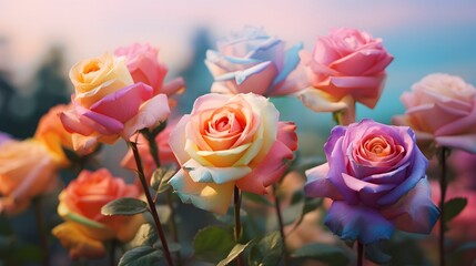 Beautiful colorful roses in the garden at sunset time. Vintage tone.