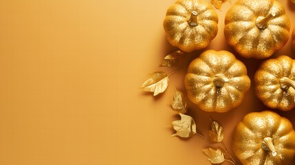 Thanksgiving background with golden pumpkins. Festive decoration for Thanksgiving with copyspace	