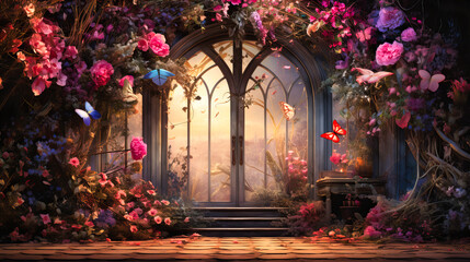 A stage within a blooming garden, where flowers and butterflies form a vibrant, living backdrop
